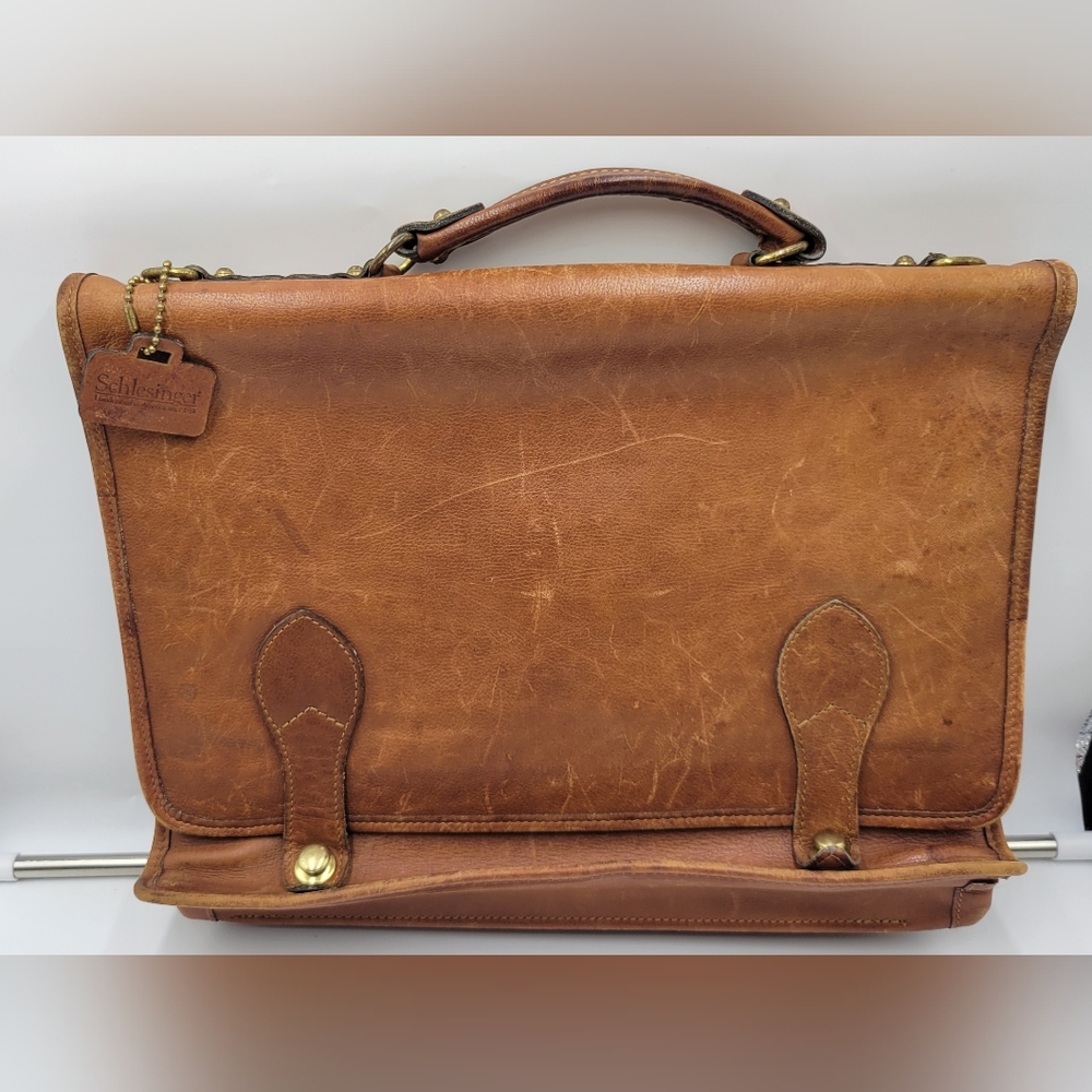 Schlesinger Vintage Leather Laptop Briefcase Messenger Bag Tan